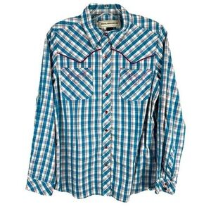 Bit & Bridal Gingham Plaid Blue Pink Pearl Snap Western Blouse Long Sleeve large
